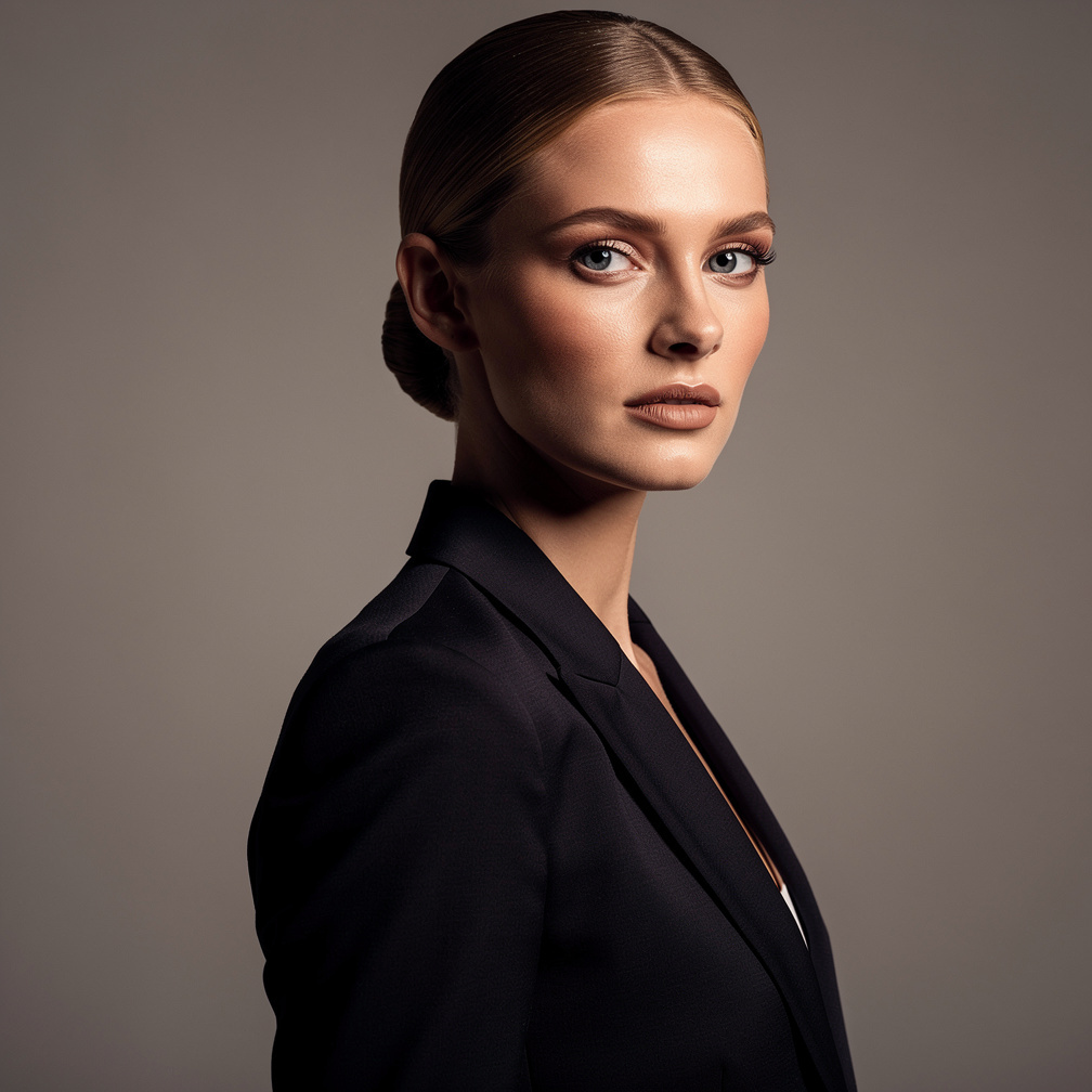 Elegant studio portrait of a European woman in a tailored blazer